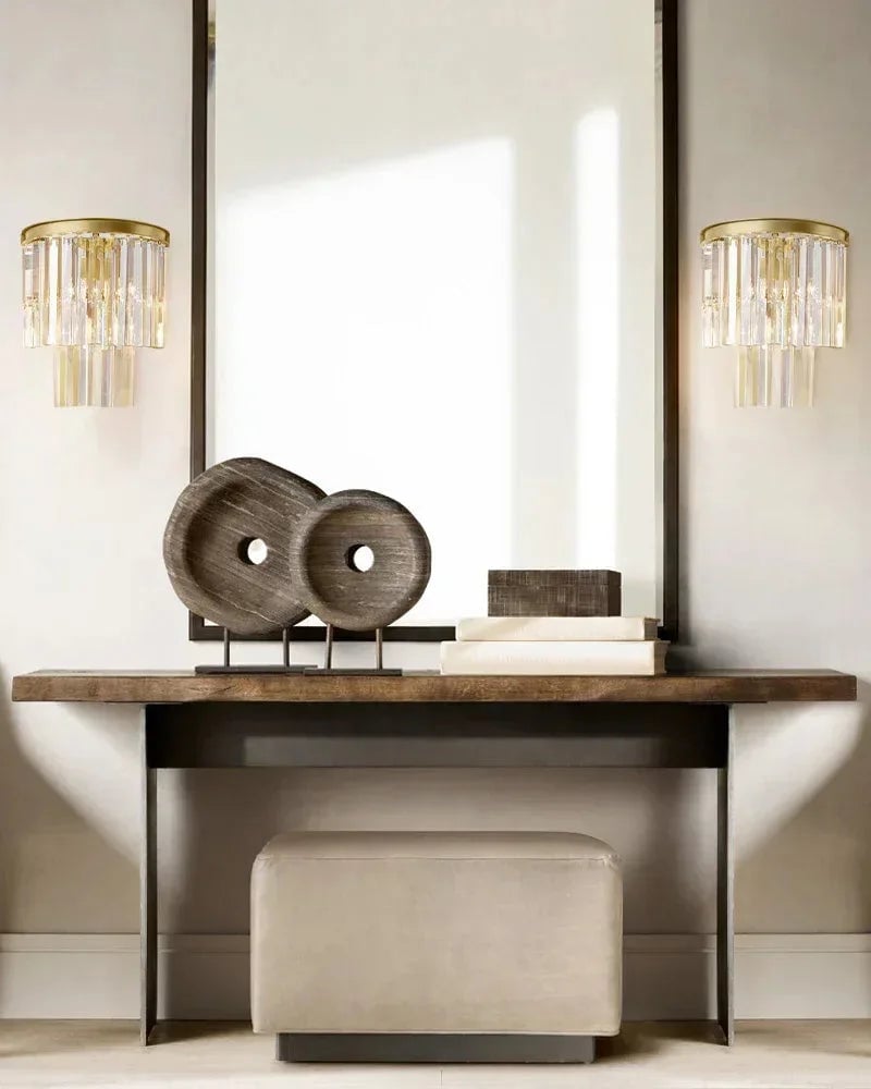Deauville Series Prismatic Wall Sconce | 2-Tier Cascading Crystal Polished metal frame with high-clarity cascading crystals, Black Brass finish for Hallways, bedrooms, and accent walls Flush Mounted Wall Sconce Lamp