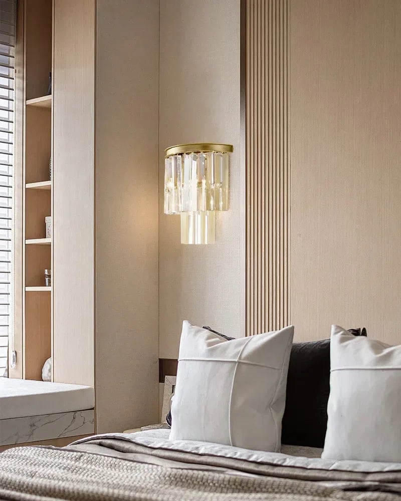 Deauville Series Prismatic Wall Sconce | 2-Tier Cascading Crystal Polished metal frame with high-clarity cascading crystals, Black Brass finish for Hallways, bedrooms, and accent walls Flush Mounted Wall Sconce Lamp