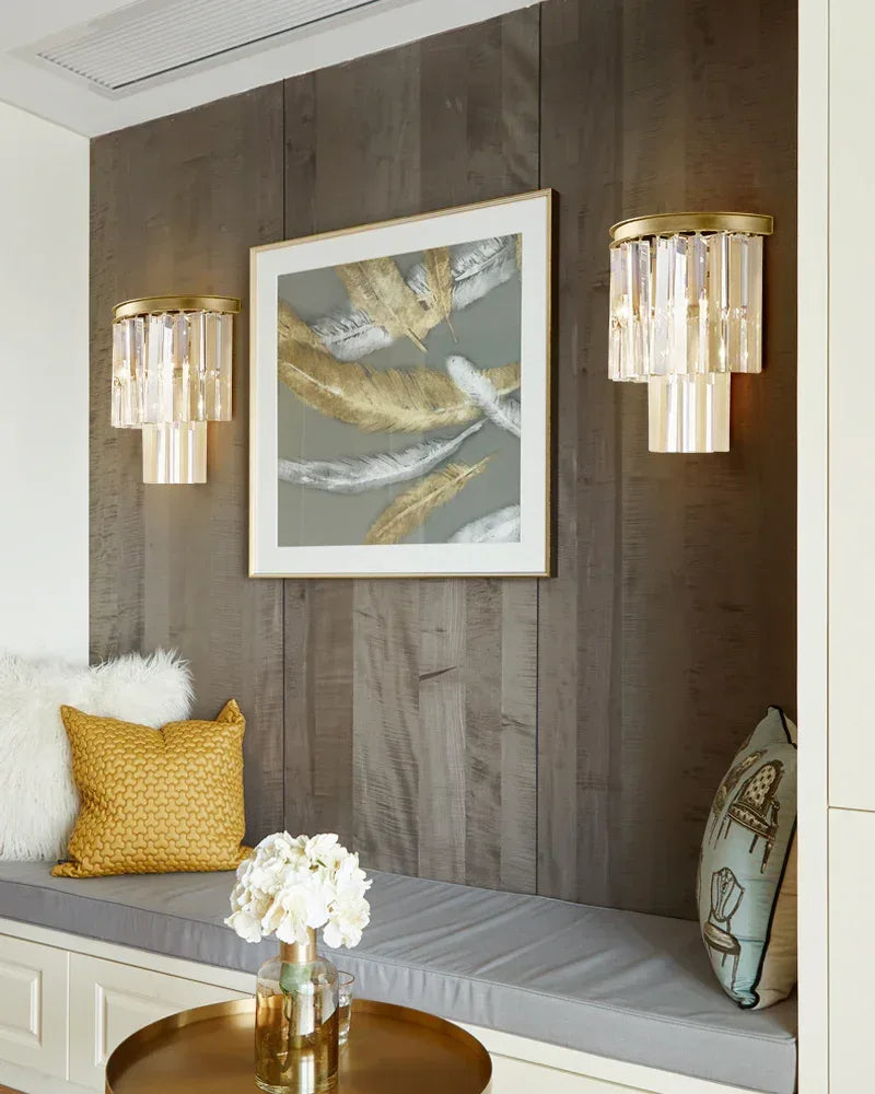 Deauville Series Prismatic Wall Sconce | 2-Tier Cascading Crystal Polished metal frame with high-clarity cascading crystals, Black Brass finish for Hallways, bedrooms, and accent walls Flush Mounted Wall Sconce Lamp
