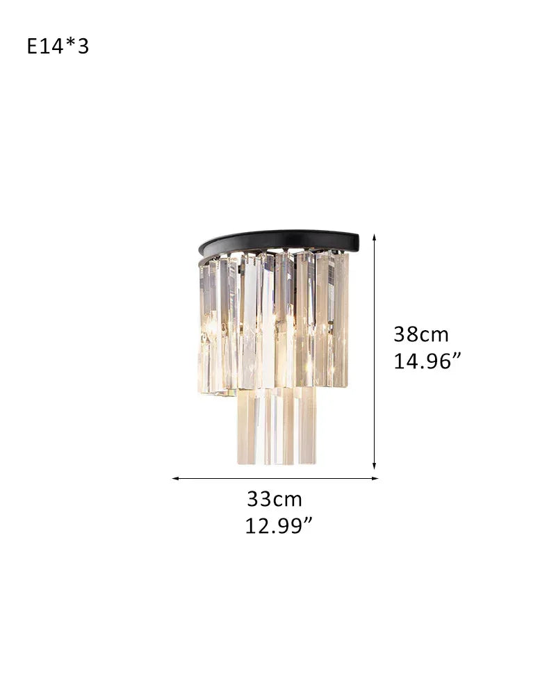 Deauville Series Prismatic Wall Sconce | 2-Tier Cascading Crystal Polished metal frame with high-clarity cascading crystals, Black Brass finish for Hallways, bedrooms, and accent walls 2-Tier-D33*H38CM D12.99"*H14.96" Black Flush Mounted Wall Sconce Lamp