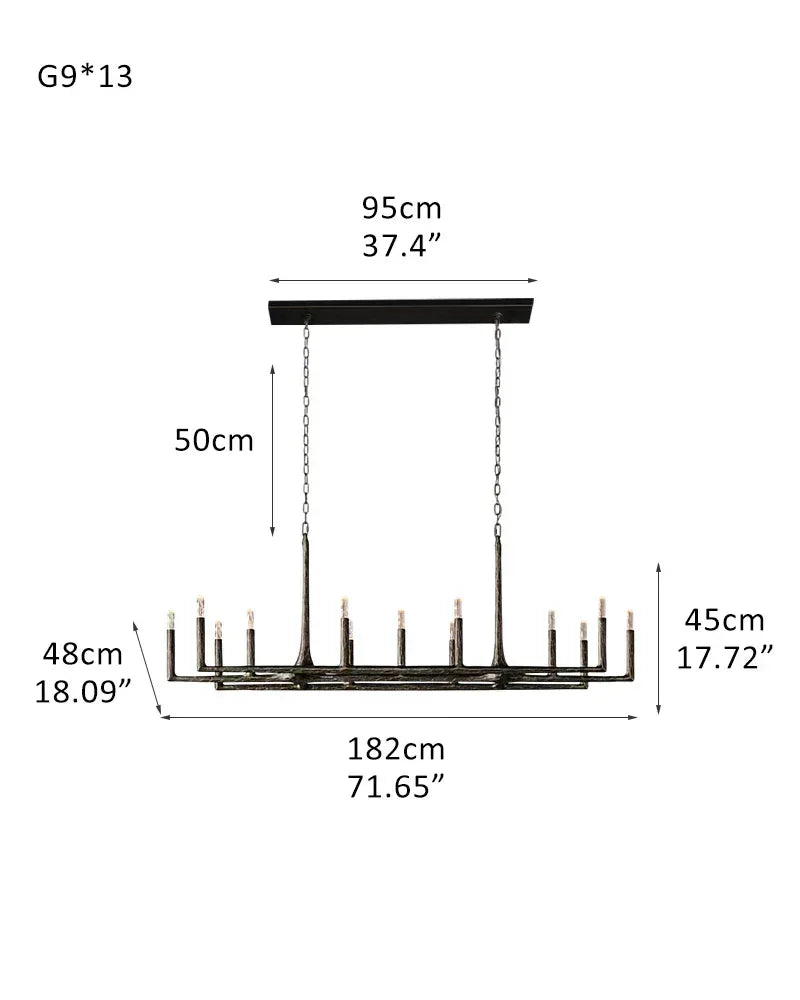 Elmsworth Series Grand Chandelier | Tapered Silhouette Hand-Hammered Forged Wrought Iron, Antique Black or Brushed Copper finish for Great Rooms and Grand Dining Halls 13-light-L182*W48*H45CM L71.65“*W18.9“*H17.72" Black American Vintage chandelier lamp
