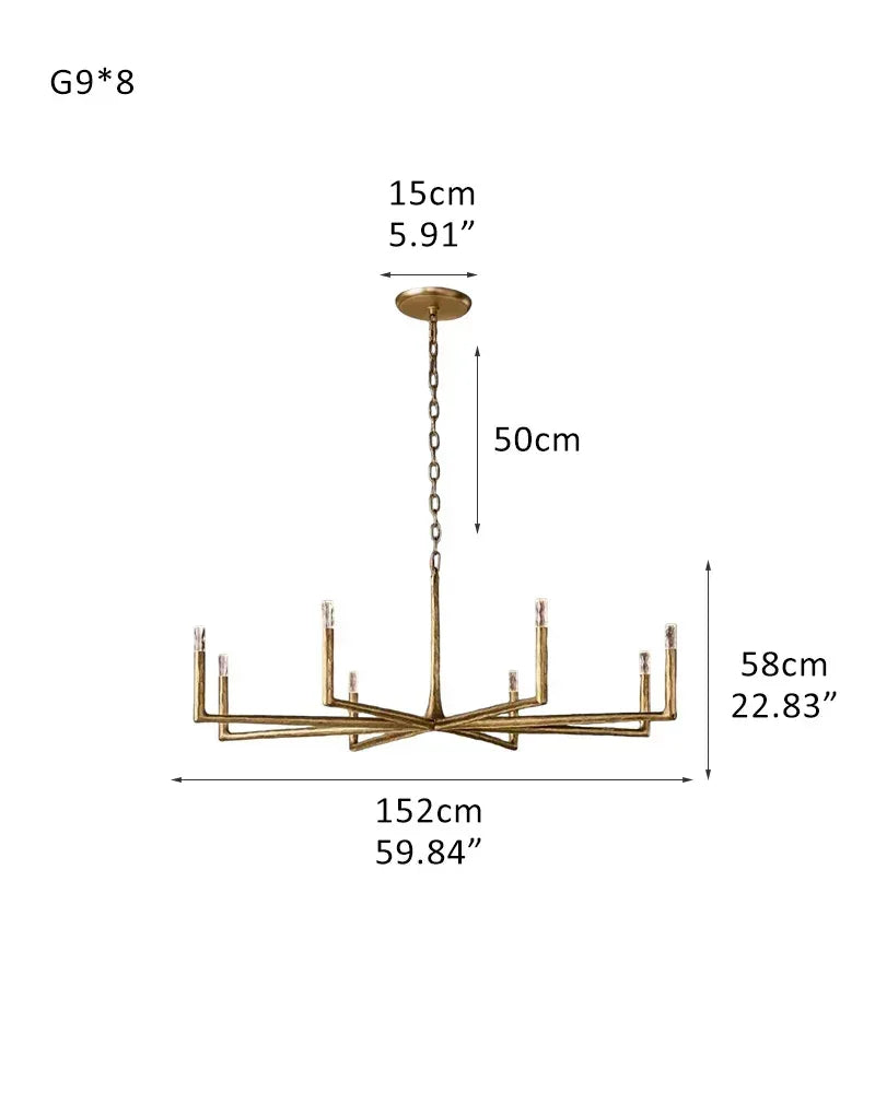 Elmsworth Series Grand Chandelier | Tapered Silhouette Hand-Hammered Forged Wrought Iron, Antique Black or Brushed Copper finish for Great Rooms and Grand Dining Halls 8-light-L152*H58CM L59.84“*H22.83" Brass American Vintage chandelier lamp