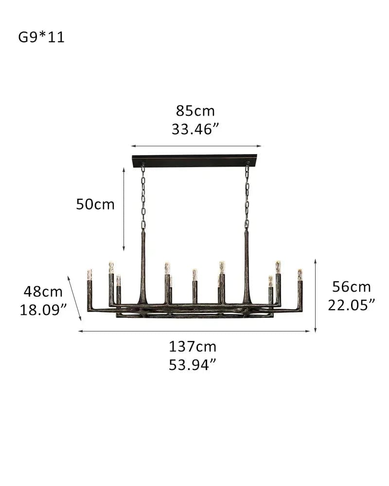 Elmsworth Series Grand Chandelier | Tapered Silhouette Hand-Hammered Forged Wrought Iron, Antique Black or Brushed Copper finish for Great Rooms and Grand Dining Halls 11-light-L137*W48*H56CM L53.94“*W18.9“*H22.05" Black American Vintage chandelier lamp
