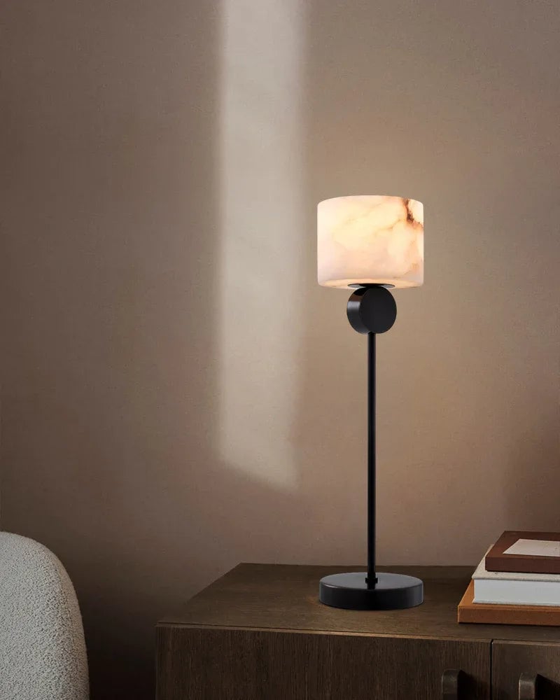 Etruscan Series Geometric Table Lamp | Round/Square Drum Shade Genuine Natural Alabaster, Natural Stone Finish for Bedside Tables and Living Room Accents Vintage Simple Table Lamp