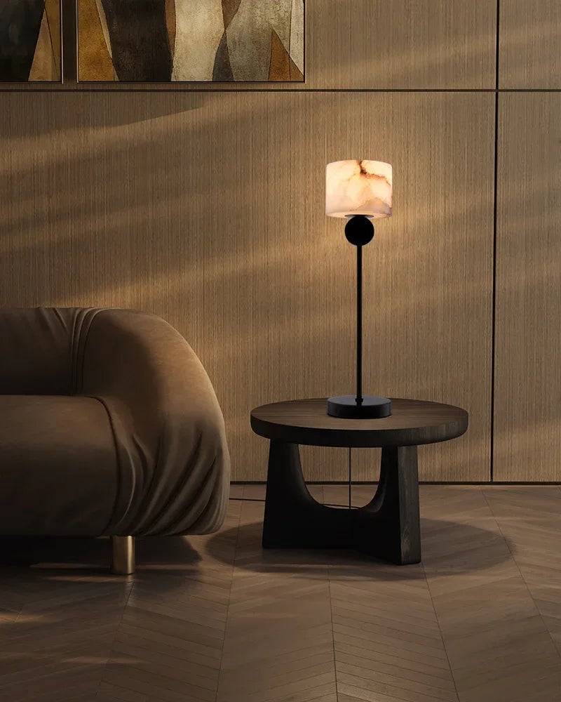 Etruscan Series Geometric Table Lamp | Round/Square Drum Shade Genuine Natural Alabaster, Natural Stone Finish for Bedside Tables and Living Room Accents Vintage Simple Table Lamp