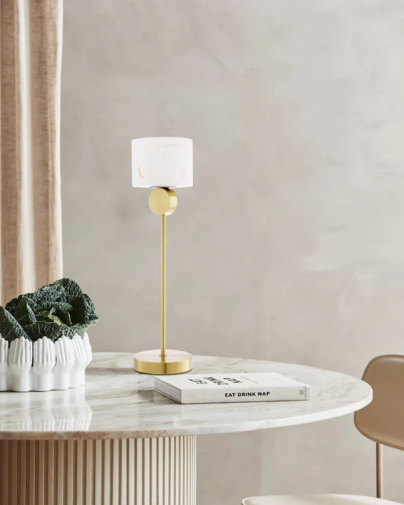 Etruscan Series Geometric Table Lamp | Round/Square Drum Shade Genuine Natural Alabaster, Natural Stone Finish for Bedside Tables and Living Room Accents Vintage Simple Table Lamp