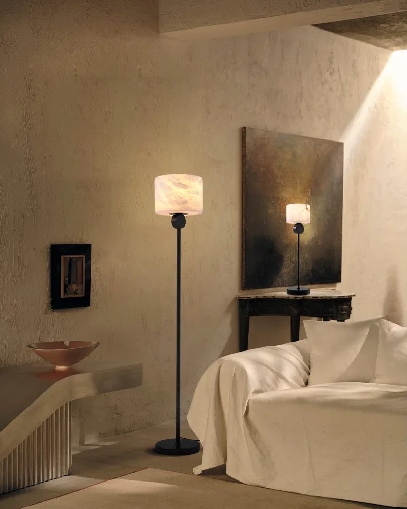 Etruscan Series Geometric Table Lamp | Round/Square Drum Shade Genuine Natural Alabaster, Natural Stone Finish for Bedside Tables and Living Room Accents Vintage Simple Table Lamp