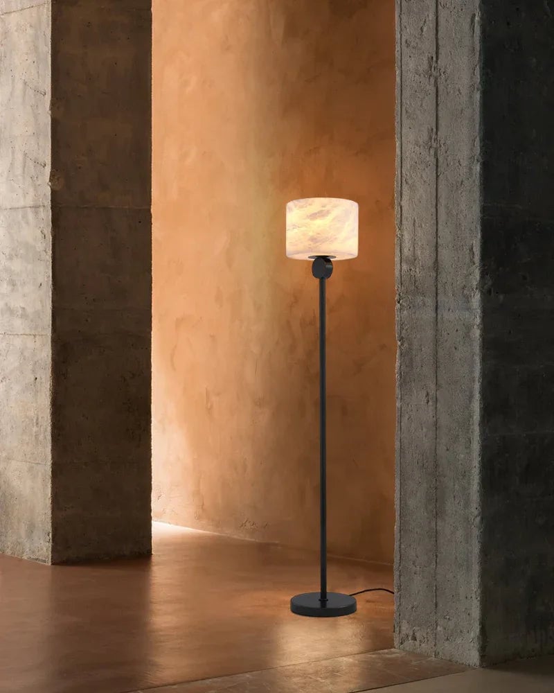 Etruscan Series Geometric Table Lamp | Round/Square Drum Shade Genuine Natural Alabaster, Natural Stone Finish for Bedside Tables and Living Room Accents Vintage Simple Table Lamp