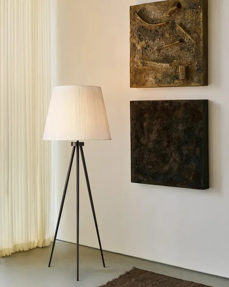 LightsStory Series Geometric Floor Lamp | Tripod Base Textured linen shade with durable metal frame, Brass, Black, and Silver finishes for Living rooms, bedrooms, and office corners American standing floor lamp