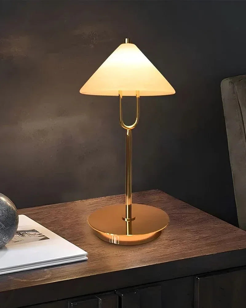 Fuji Series Geometric Table Lamp | Cone Shade Handcrafted natural alabaster stone, Polished brass finish for Living rooms, studies, or transitional spaces Modern Table lamp