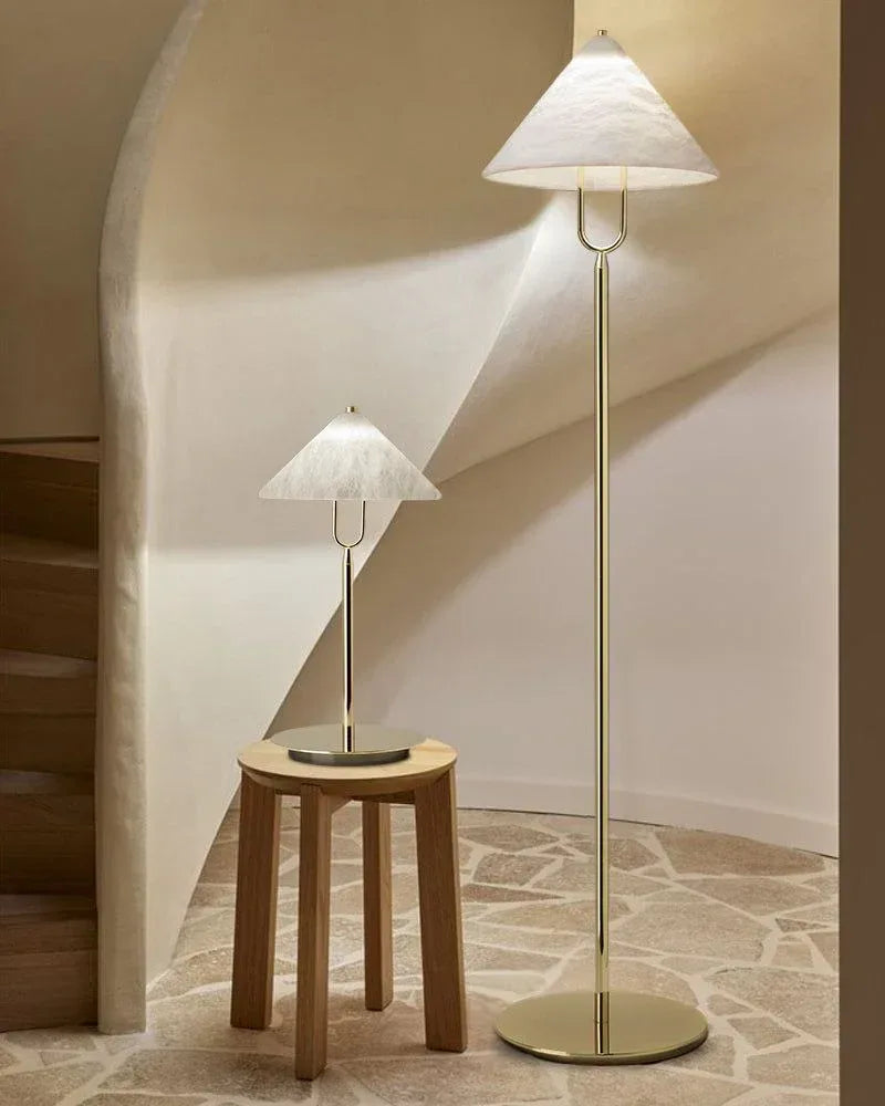 Fuji Series Geometric Table Lamp | Cone Shade Handcrafted natural alabaster stone, Polished brass finish for Living rooms, studies, or transitional spaces Modern Table lamp