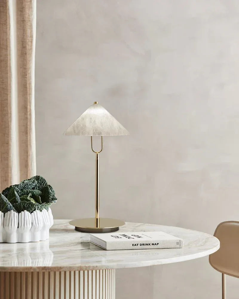 Fuji Series Geometric Table Lamp | Cone Shade Handcrafted natural alabaster stone, Polished brass finish for Living rooms, studies, or transitional spaces Modern Table lamp