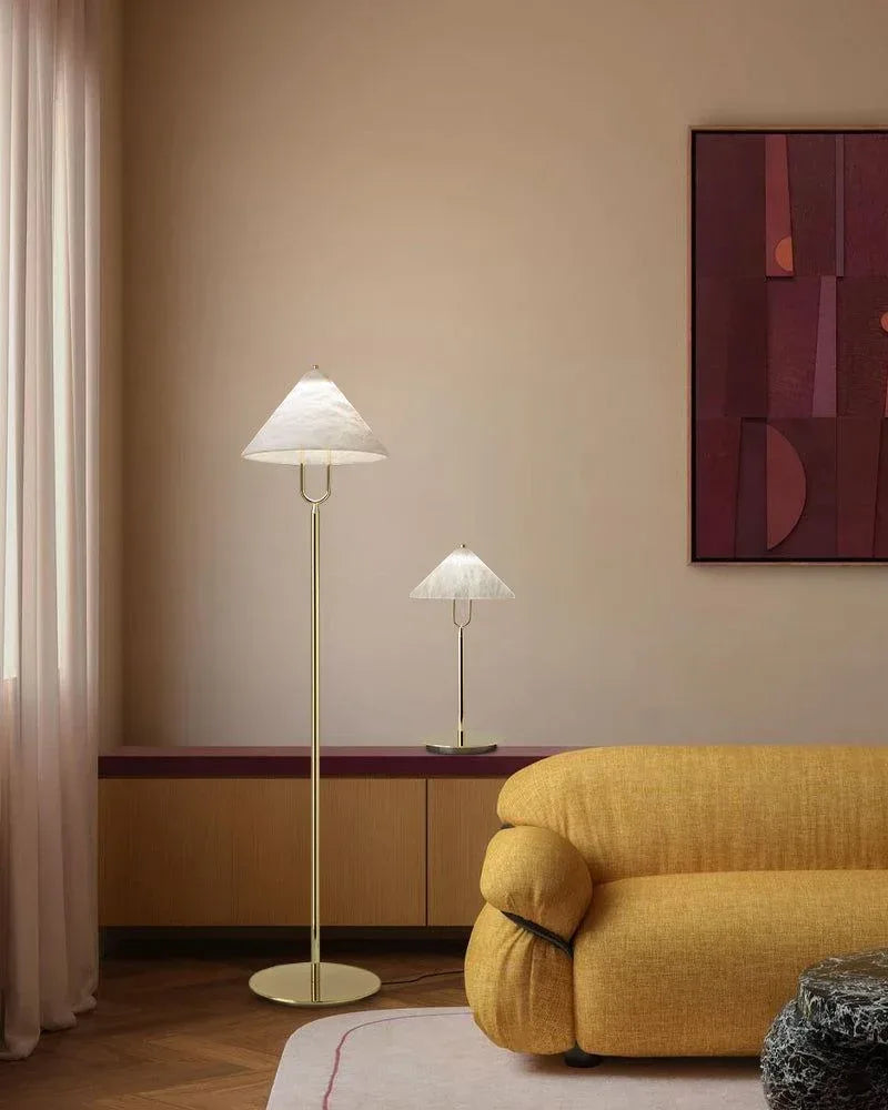 Fuji Series Geometric Table Lamp | Cone Shade Handcrafted natural alabaster stone, Polished brass finish for Living rooms, studies, or transitional spaces Modern Table lamp