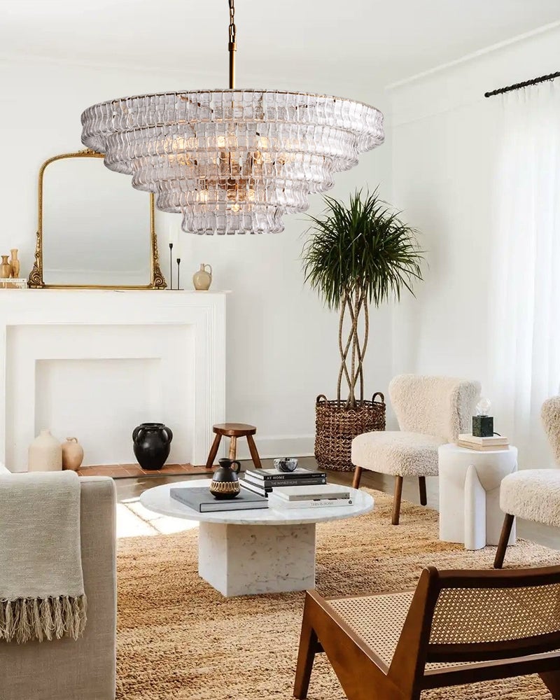 Giverny Series Ethereal Chandelier | Rectangular Tier Chandelier Curved Textured Glass, Plated-Brass and Black for Dining Rooms American chandelier