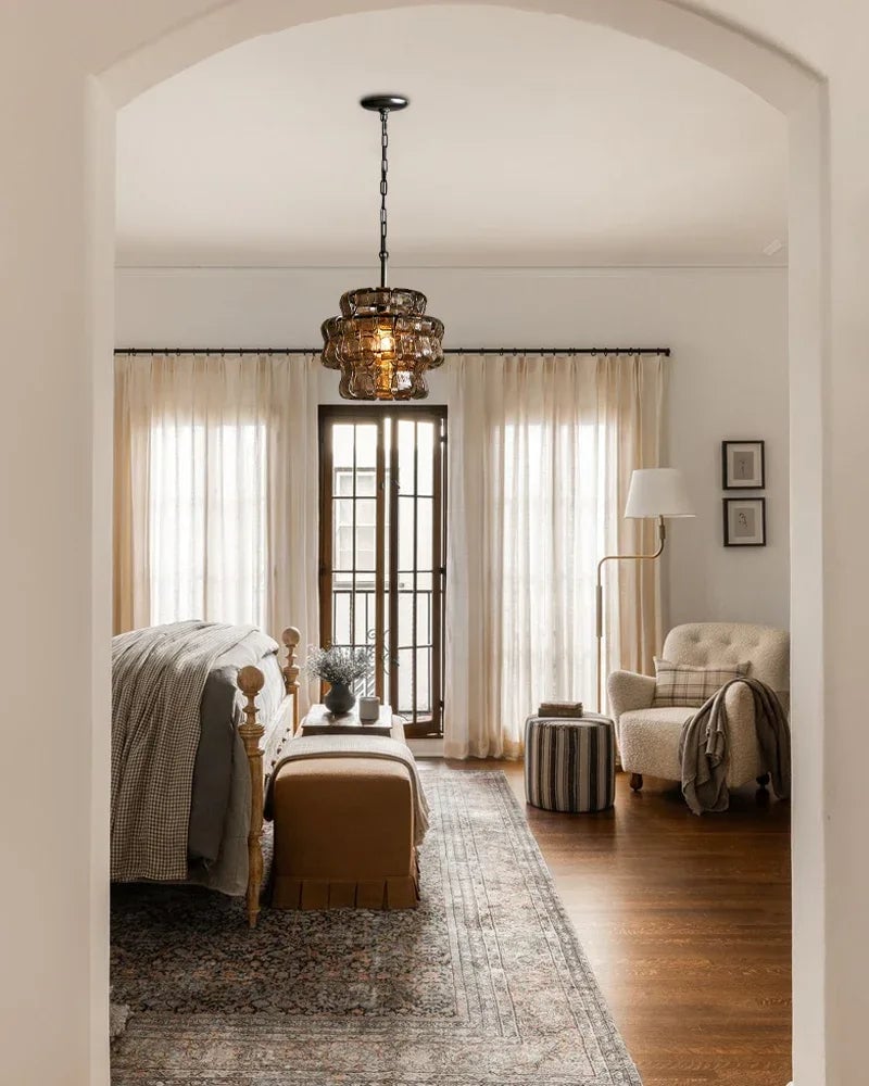 Giverny Series Ethereal Chandelier | Round Profile Curved Textured Glass, Plated-Brass and Black for Dining Rooms and Living Areas American chandelier