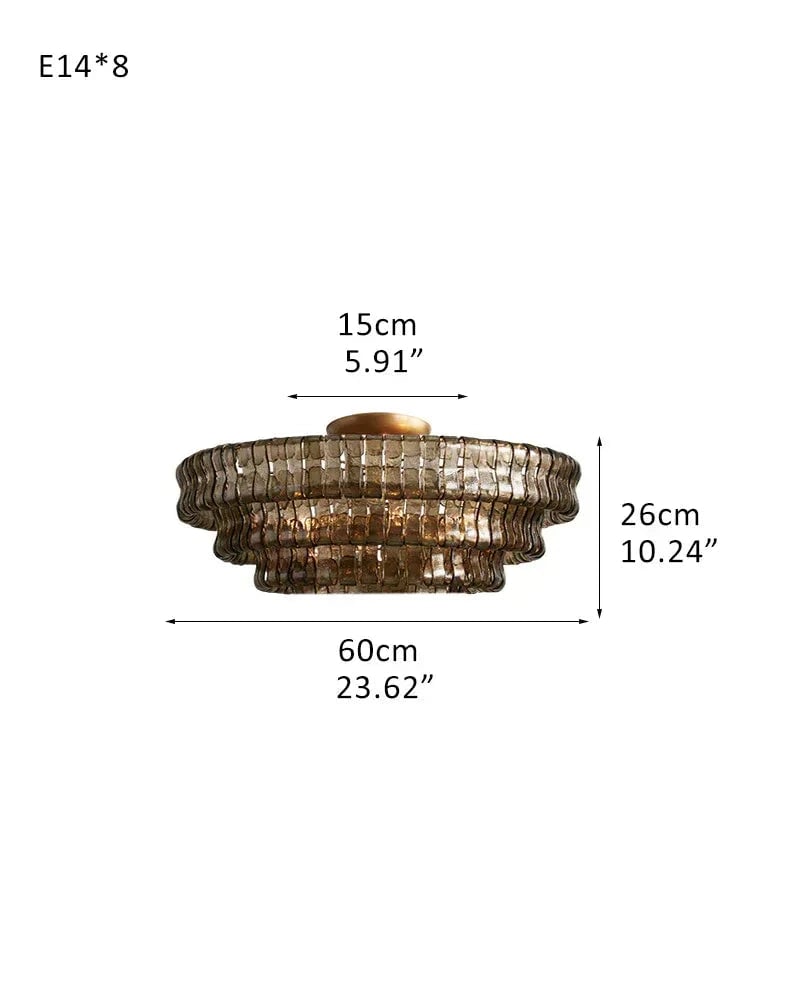 Giverny Series Ethereal Flush Mount Ceiling Light | Multi-Tier Curved Textured Ghiaccio Glass, Plated Brass or Black for Living Rooms, Hallways, and Bedrooms 3 tier-L60*H26CM L23.62"*H10.24"(E14*8) Brass + Smoke Glass Flush Mounted Ceiling Lamp