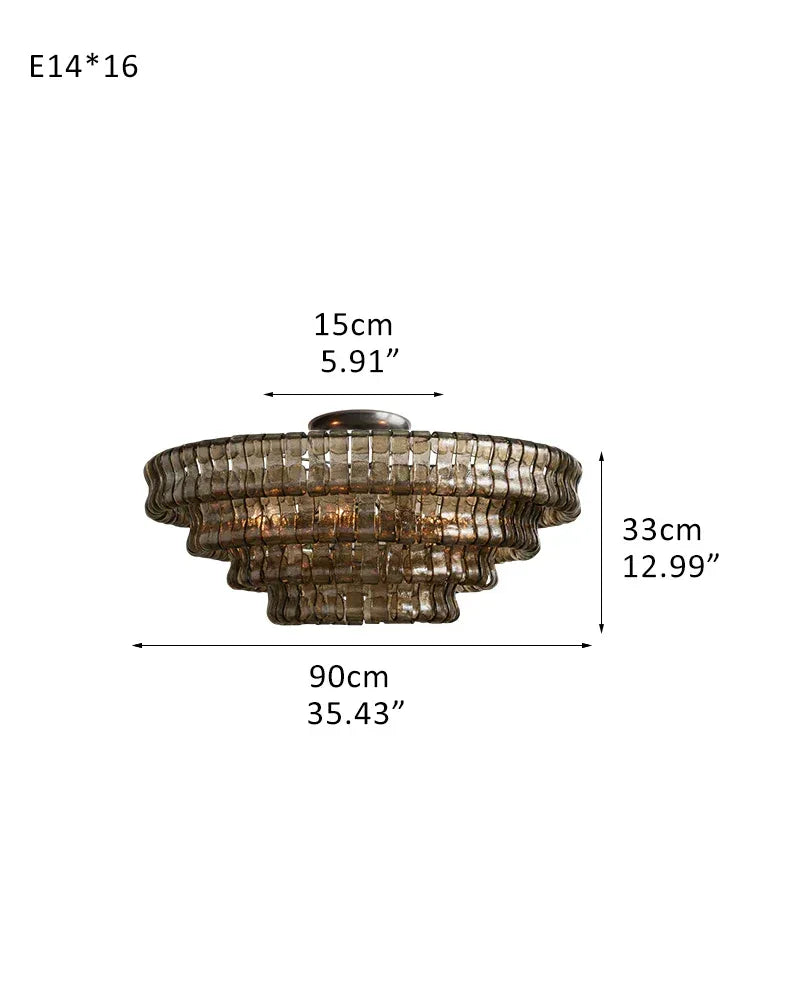 Giverny Series Ethereal Flush Mount Ceiling Light | Multi-Tier Curved Textured Ghiaccio Glass, Plated Brass or Black for Living Rooms, Hallways, and Bedrooms 4 tier-L90*H20CM L35.43"*H12.99"(E14*16) Black + Smoke Glass Flush Mounted Ceiling Lamp