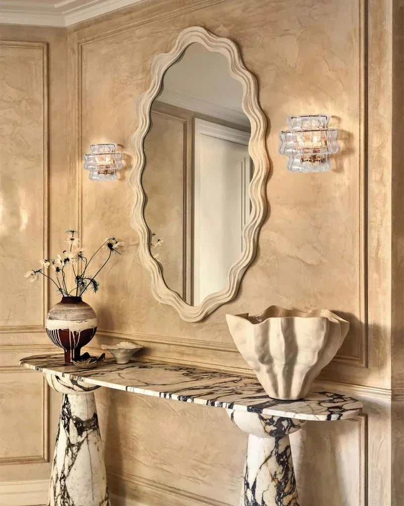 Giverny Series Ethereal Wall Sconce | Curved Textured Glass Curved Textured Glass and Plated Aluminum, Plated Brass or Black finish for Bedrooms, Hallways, and Living Spaces Flush Mounted Wall Sconce Lamp