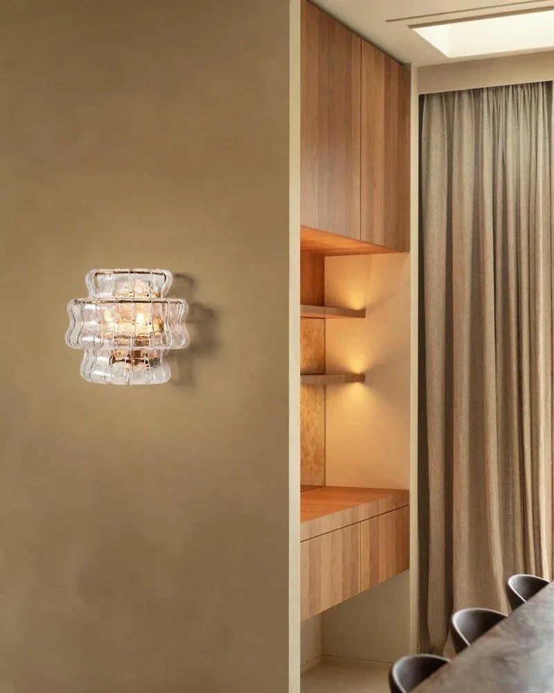 Giverny Series Ethereal Wall Sconce | Curved Textured Glass Curved Textured Glass and Plated Aluminum, Plated Brass or Black finish for Bedrooms, Hallways, and Living Spaces Flush Mounted Wall Sconce Lamp