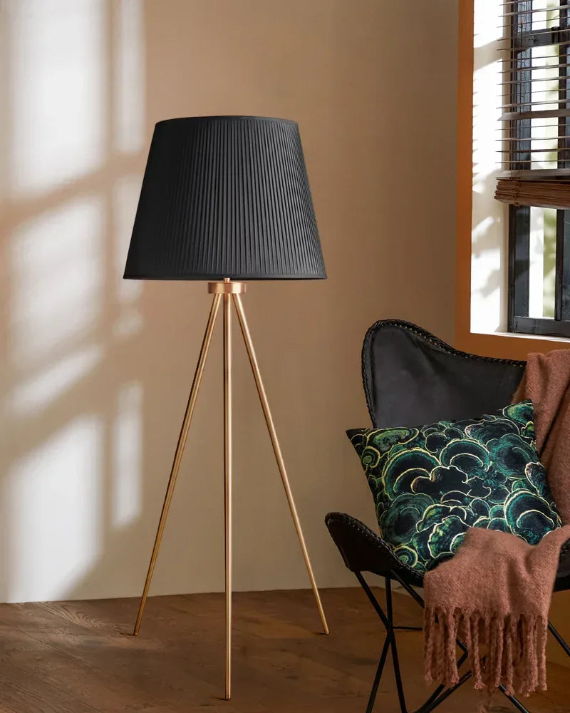 White Linen Pleated Shade 20" Vintage High Floor Lamp in Brass,Black,Silver Tripod Base American standing floor lamp