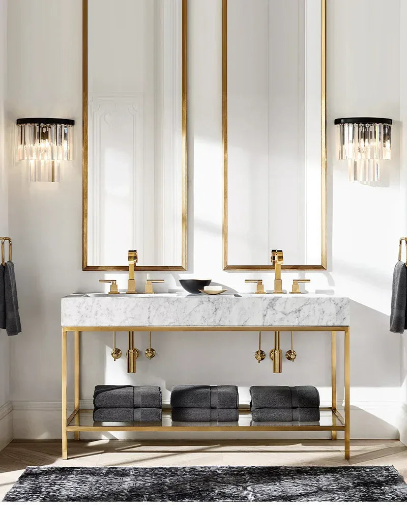 Elegant Modern Crystal Wall Sconce | 13" Dia 2-Tier Dimming Wall Light Fixture | Black Brass Flush Mounted Wall Sconce Lamp