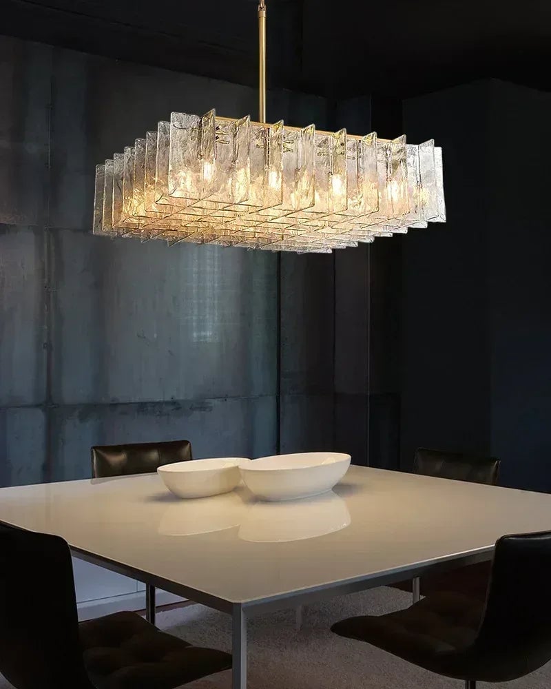 Gordes Series Architectural Chandelier | Four-Layer Glass Clear and smoky corrugated glass with aged brass and black framework, Aged Brass and Black finish for Entryways, dining areas, and lofts American Vintage chandelier lamp