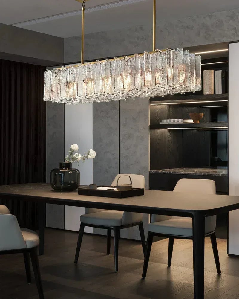 Gordes Series Architectural Chandelier | Four-Layer Glass Clear and smoky corrugated glass with aged brass and black framework, Aged Brass and Black finish for Entryways, dining areas, and lofts American Vintage chandelier lamp