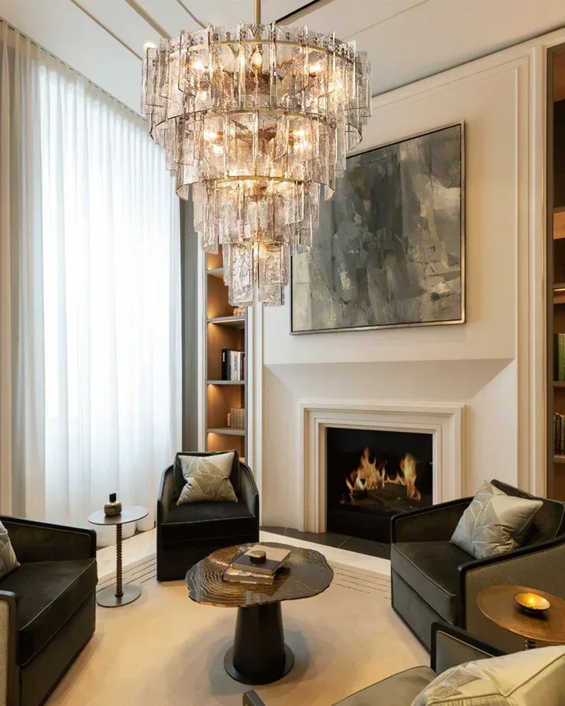 Gordes Series Architectural Chandelier | Interlocking Planes Corrugated sculptural glass, Transparent and smoky glass finish for Entryways, dining areas, and lofts American Vintage chandelier lamp