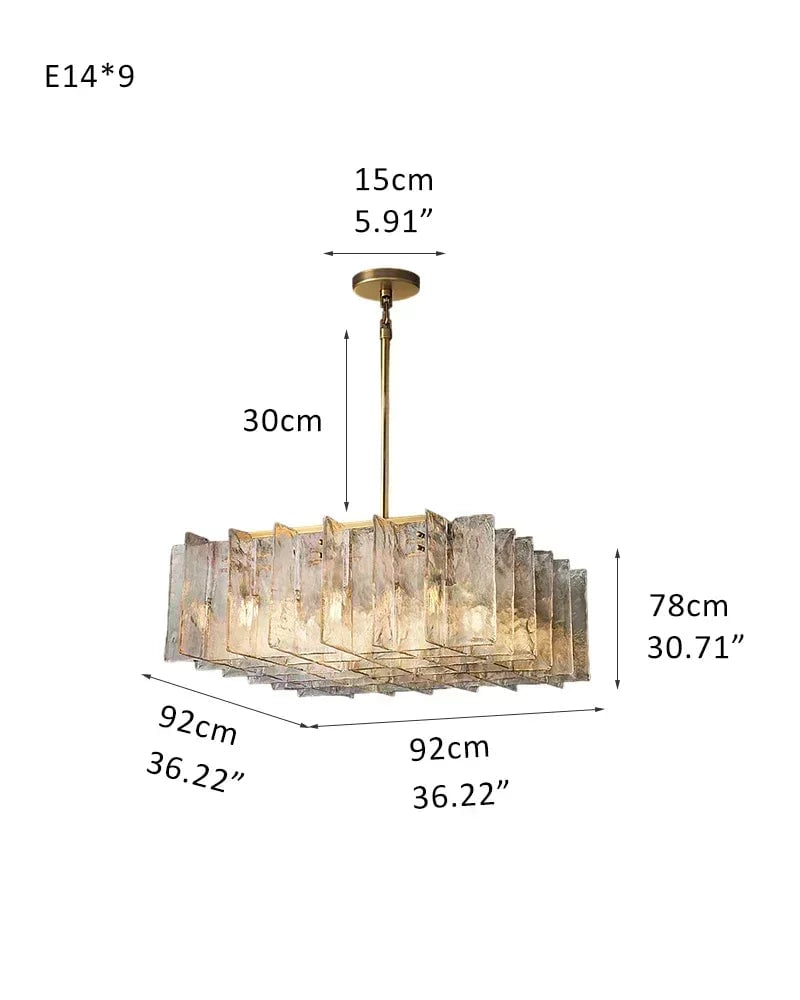 Gordes Series Architectural Chandelier | Interlocking Planes Corrugated sculptural glass, Transparent and smoky glass finish for Entryways, dining areas, and lofts 9-light-L92*W92*H39cm D36.22*W36.22*H15.35"-S Brass + Transparent Glass American Vintage chandelier lamp
