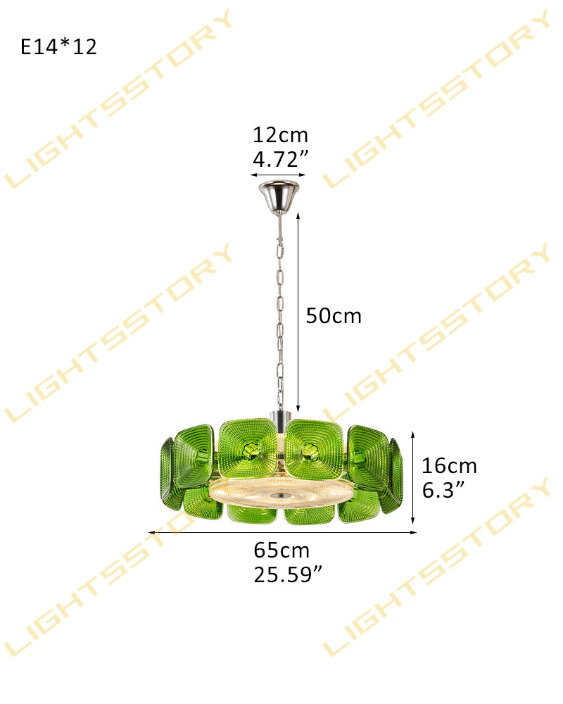 Emerald Green Ghiaccio Glass Halo Ring Chandelier - Emerald Glass, Lux Brass Trim - Living Rooms, Bedrooms, Dining Rooms