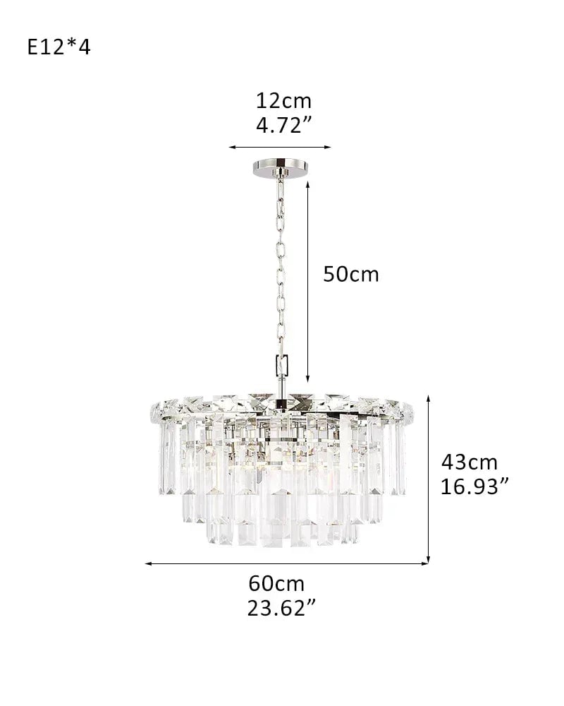 Gstaad Series Grand Chandelier | Tiered Cut-Clear Glass Layered tiers of cut-clear glass crystals on a solid stainless steel frame, Brushed Chrome finish for Entryways, dining rooms, and great rooms 4 light-D60*H43CM D23.62"*H16.93" Silver American chandelier