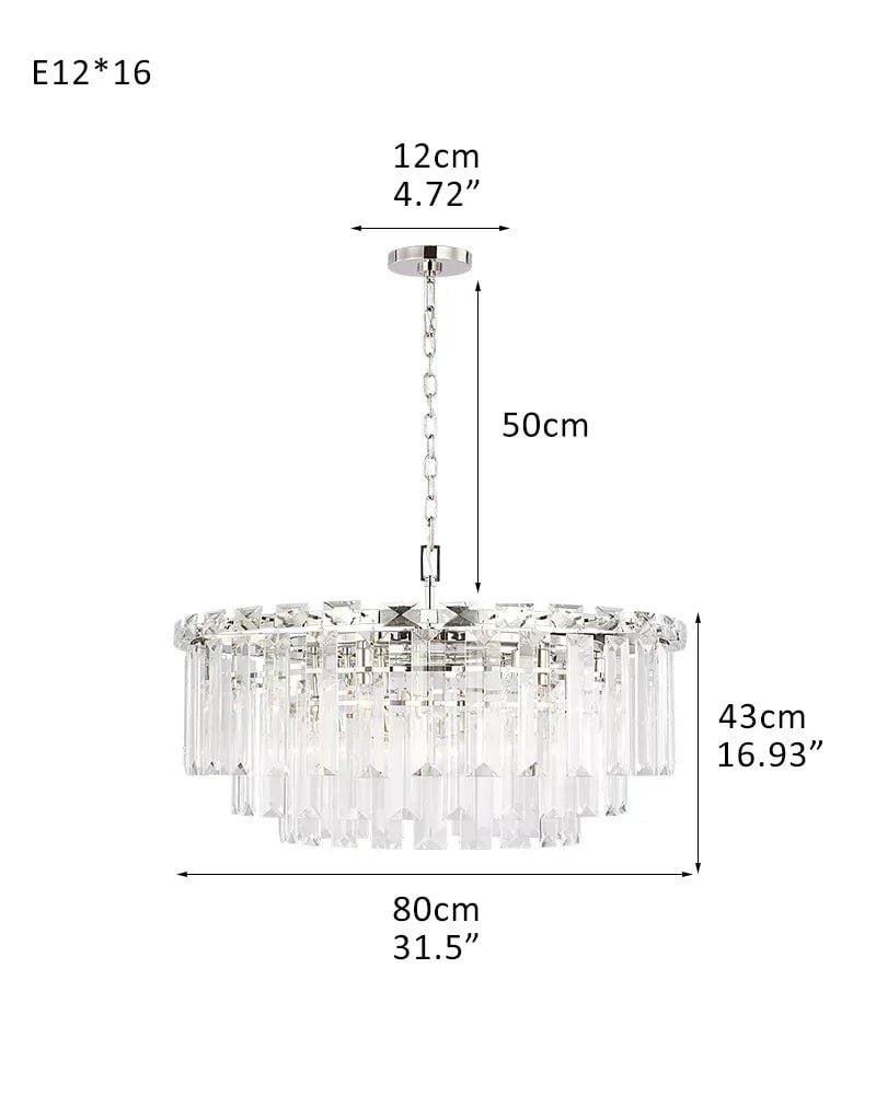 Gstaad Series Grand Chandelier | Tiered Cut-Clear Glass Layered tiers of cut-clear glass crystals on a solid stainless steel frame, Brushed Chrome finish for Entryways, dining rooms, and great rooms 16 light-D80*H43CM D31.5"*H17.72" Silver American chandelier
