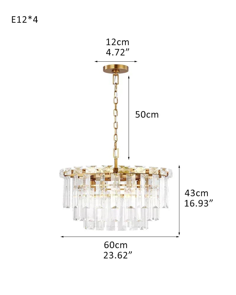 Gstaad Series Grand Chandelier | Tiered Cut-Clear Glass Layered tiers of cut-clear glass crystals on a solid stainless steel frame, Brushed Chrome finish for Entryways, dining rooms, and great rooms 4 light-D60*H43CM D23.62"*H16.93" Gold American chandelier