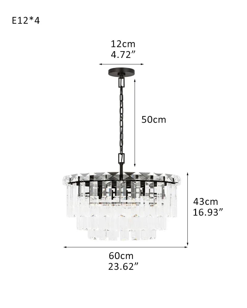 Gstaad Series Grand Chandelier | Tiered Cut-Clear Glass Layered tiers of cut-clear glass crystals on a solid stainless steel frame, Brushed Chrome finish for Entryways, dining rooms, and great rooms 4 light-D60*H43CM D23.62"*H16.93" Black American chandelier