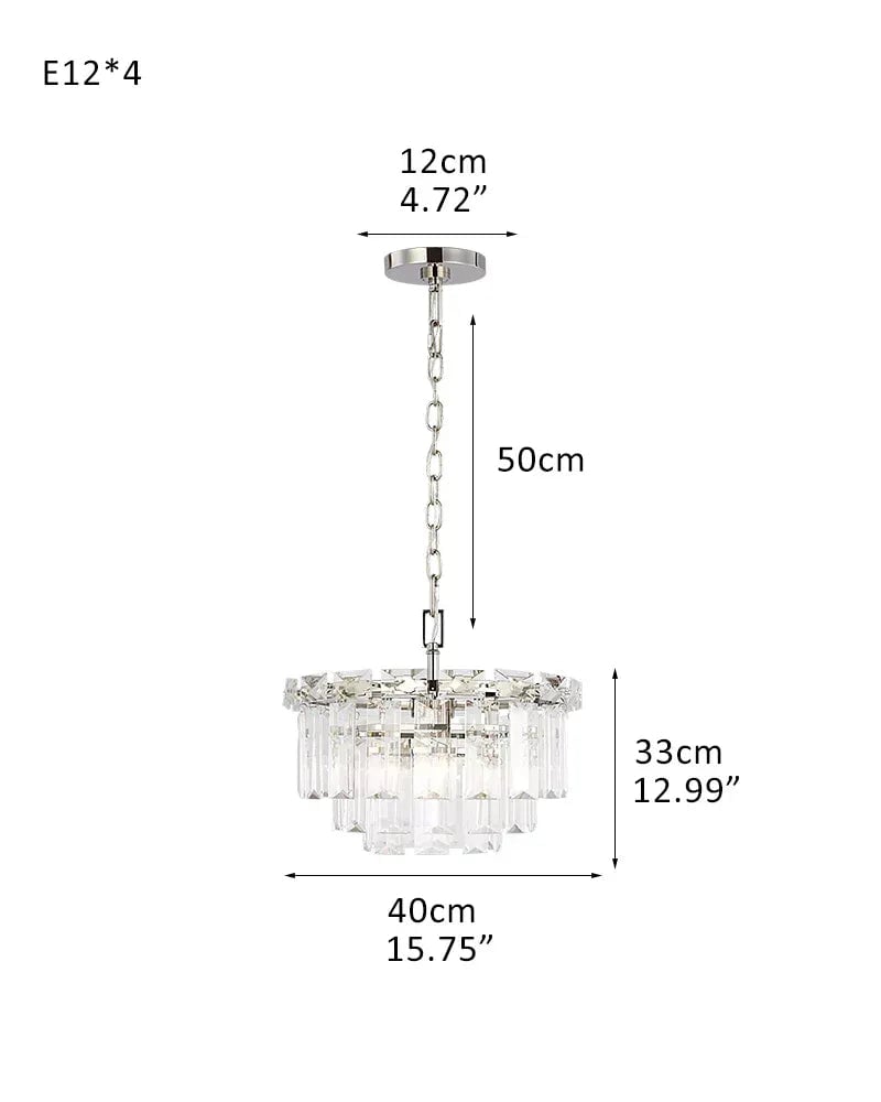 Gstaad Series Grand Chandelier | Tiered Cut-Clear Glass Layered tiers of cut-clear glass crystals with a solid stainless steel frame, Gold, Black, and Chrome Stainless finish for Entryways, dining rooms, and great rooms 4 light-D40*H33CM D15.75"*H12.99" Silver American chandelier