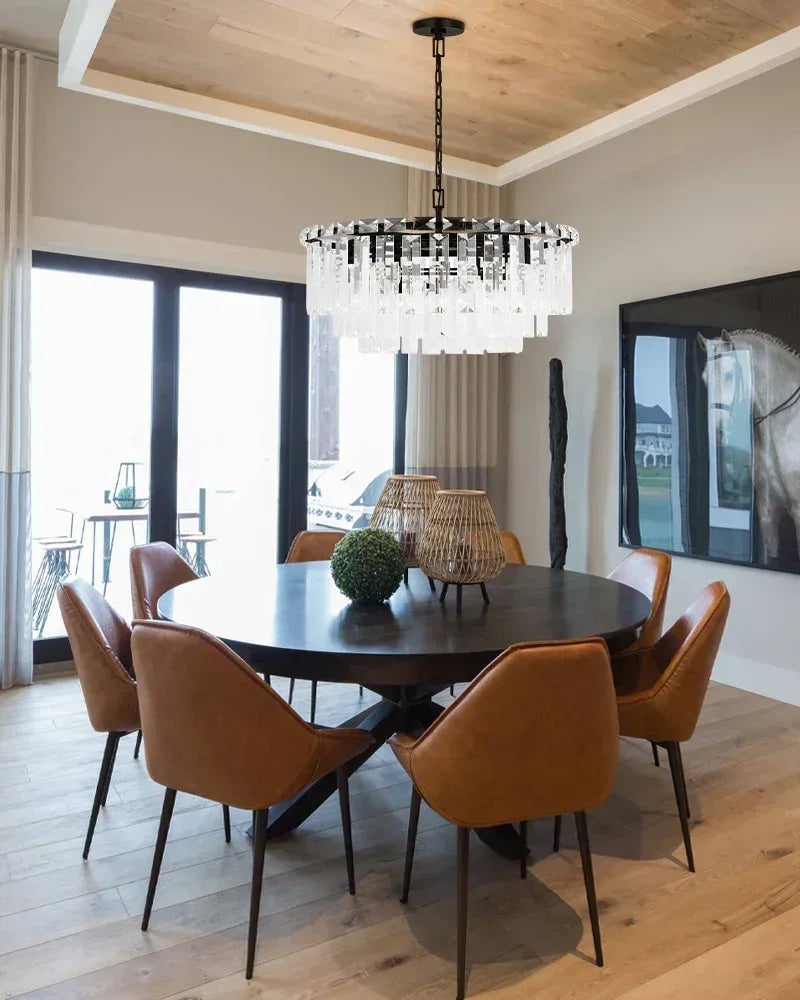 Gstaad Series Grand Chandelier | Tiered Cut-Clear Glass Layered tiers of cut-clear glass crystals with a solid stainless steel frame, Gold, Black, and Chrome Stainless finish for Entryways, dining rooms, and great rooms American chandelier