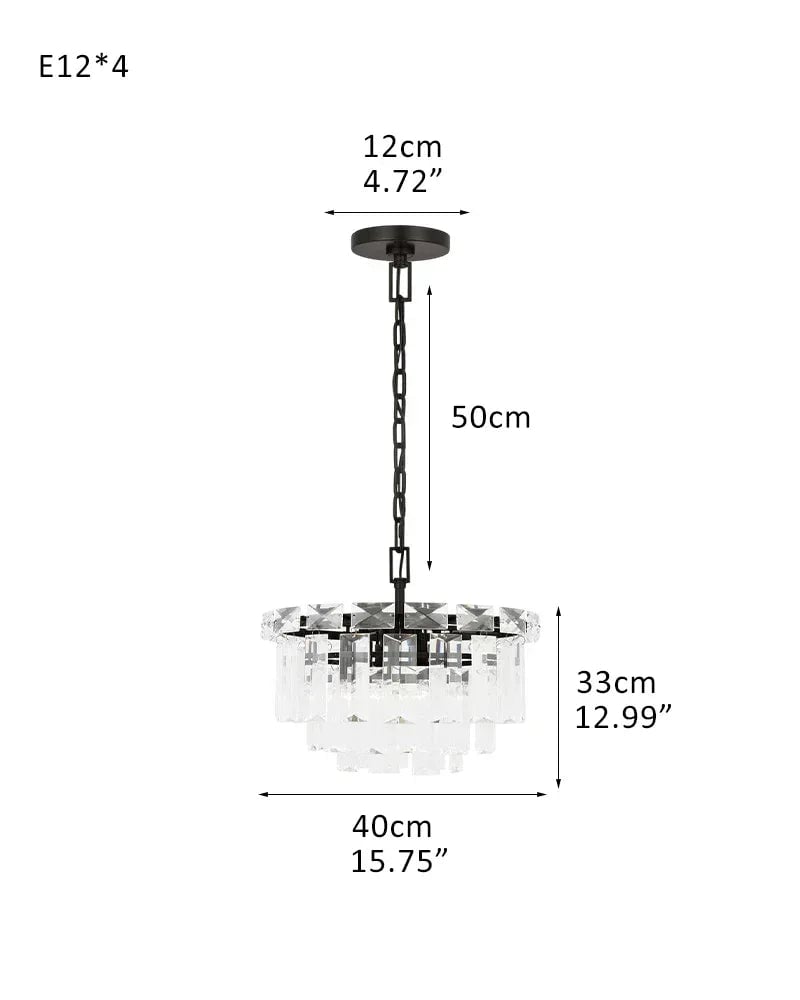 Gstaad Series Grand Chandelier | Tiered Cut-Clear Glass Layered tiers of cut-clear glass crystals on a solid stainless steel frame, Brushed Chrome finish for Entryways, dining rooms, and great rooms 4 light-D40*H33CM D15.75"*H12.99" Black American chandelier