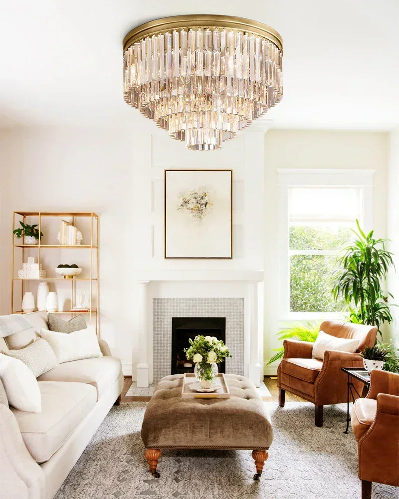 Aurelia Series Prismatic Drum Chandelier | Triple Tier K9 Crystal Pure K9 crystal strips, Premium Gold finish for Grand Foyers and Dining Rooms Flush Mounted Ceiling Lamp