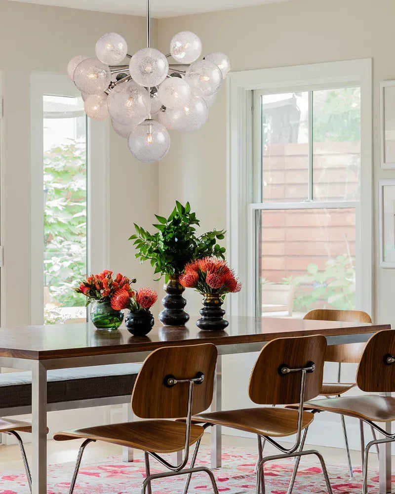 Industrial Globe Bubble Glass Chandelier 28in 36in | Brushed Brass/Black/Silver Steel American Vintage chandelier lamp