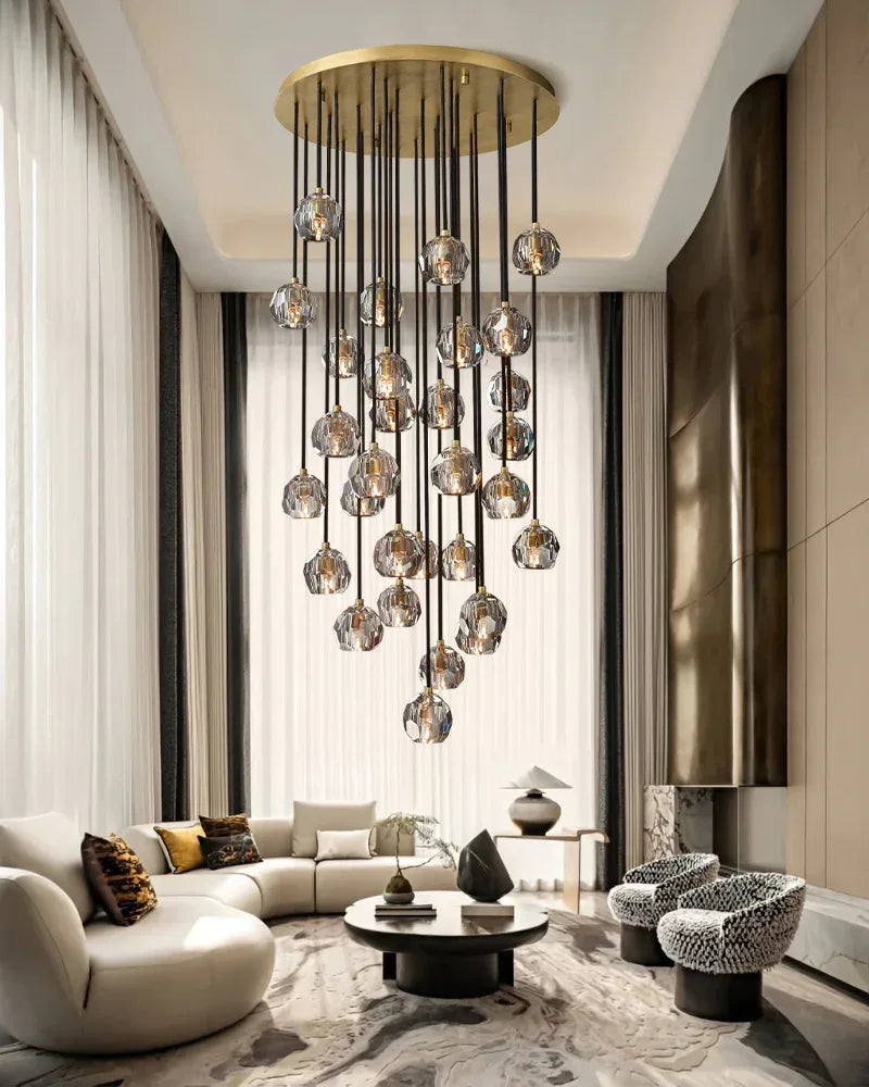 Elegant Lighting Crystal Round Cluster Chandelier for high ceiling entrance | 30 balls Modern Pendant lamp