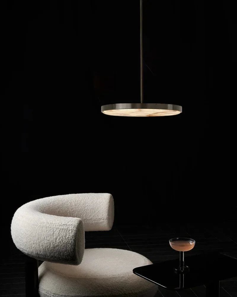 Knokke Series Ethereal Pendant Light | Natural Alabaster Dome Hand-honed natural alabaster disc, Satin brass finish for Dining tables, kitchen islands, and bedrooms Modern Pendant lamp
