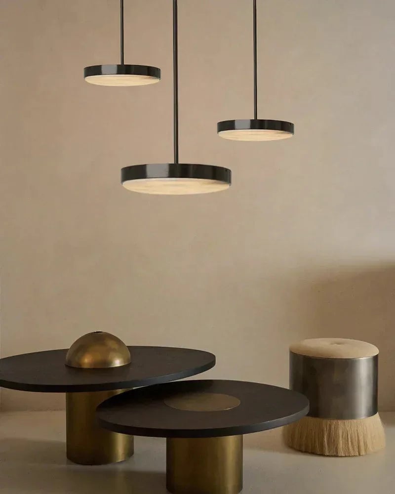 Knokke Series Ethereal Pendant Light | Natural Alabaster Dome Hand-honed natural alabaster disc, Satin brass finish for Dining tables, kitchen islands, and bedrooms Modern Pendant lamp