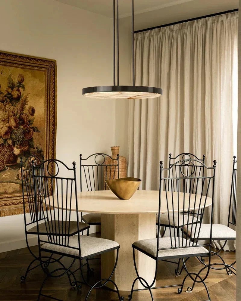 Knokke Series Ethereal Pendant Light | Natural Alabaster Dome Hand-honed natural alabaster disc, Satin brass finish for Dining tables, kitchen islands, and bedrooms Modern Pendant lamp