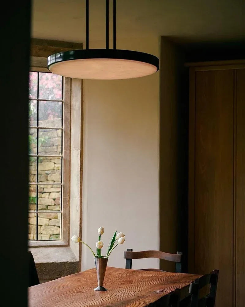 Knokke Series Geometric Suspension Lamp | Modular Dome Hand-honed natural alabaster disc, Satin brass finish for Dining tables, kitchen islands, and bedrooms Modern Pendant lamp