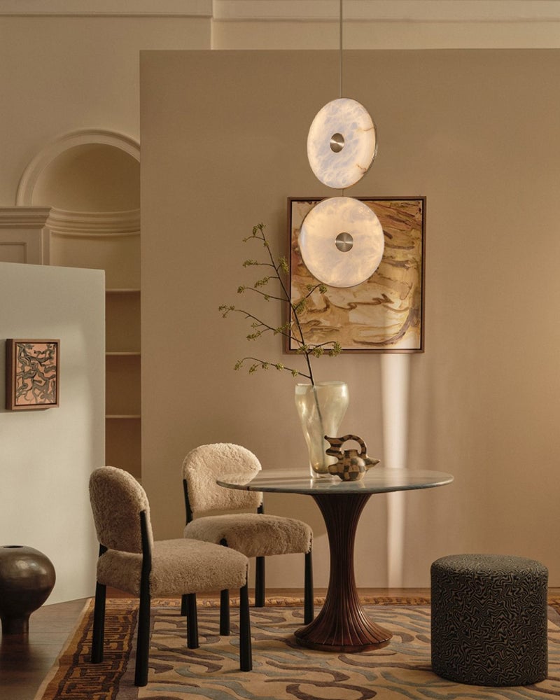 Lausanne Disc Geometric Alabaster Chandelier. Hand-Selected Natural Stone. Sleek metal finish for Kitchen Islands, Entryways, and Dining Rooms Modern Pendant lamp