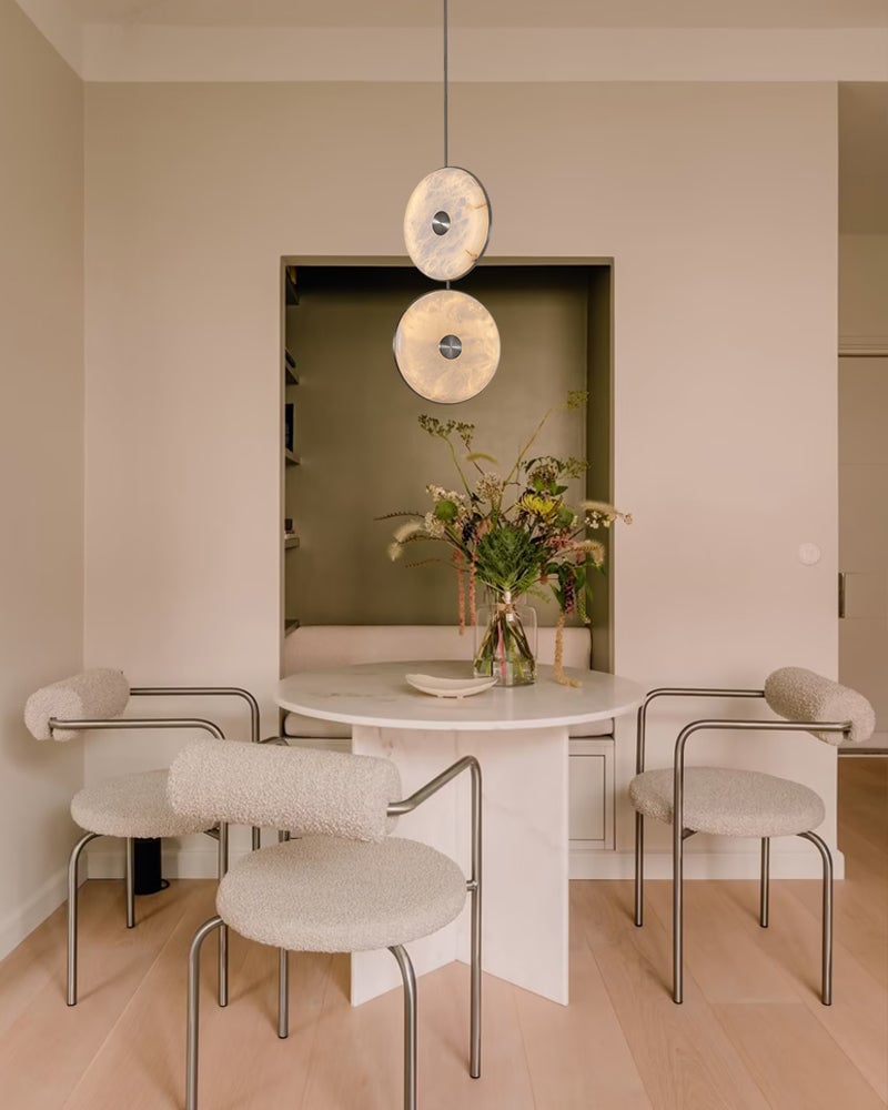 Lausanne Disc Geometric Alabaster Chandelier. Hand-Selected Natural Stone. Sleek metal finish for Kitchen Islands, Entryways, and Dining Rooms Modern Pendant lamp