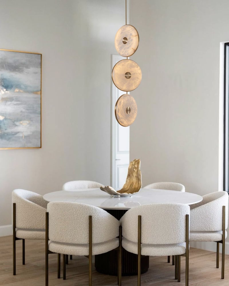 Lausanne Disc Alabaster Cluster Chandelier. Round Cluster Diffusers. Metal Rod Framework in Aged Brass and Black finish for Kitchen Islands, Entryways, and Dining rooms Modern Pendant lamp