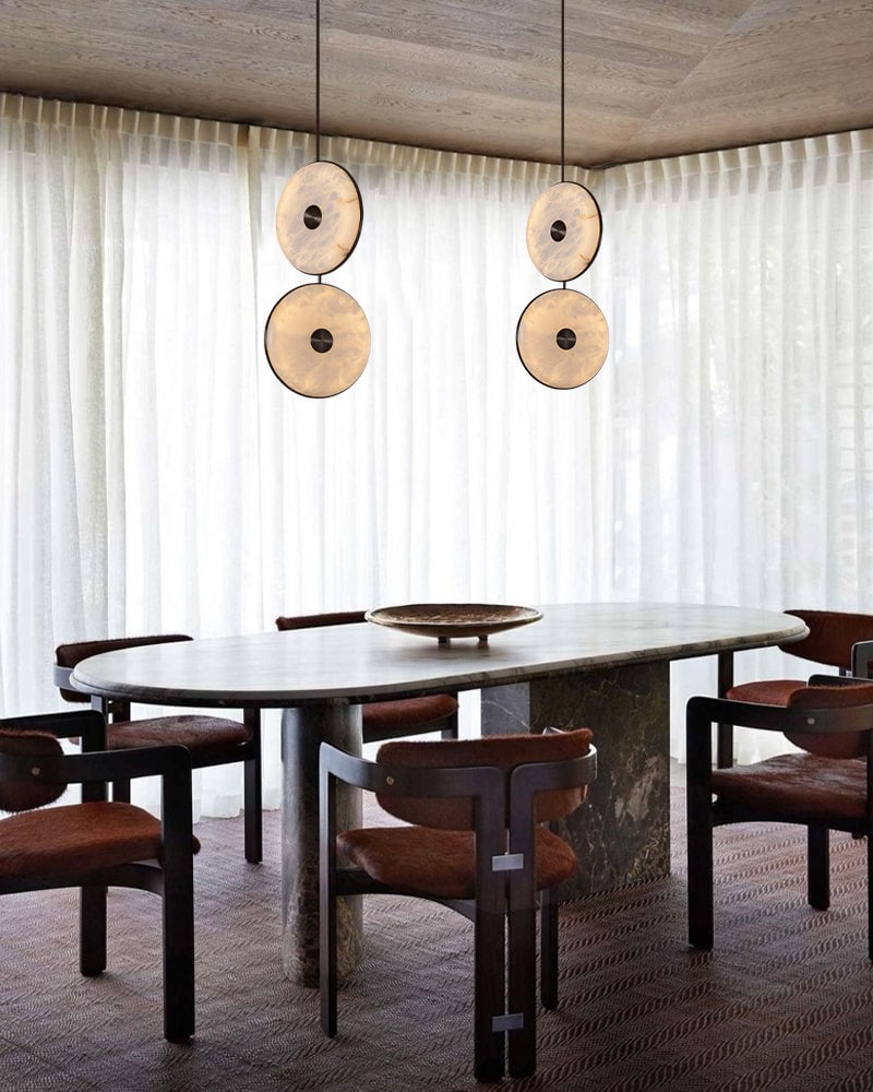 Lausanne Disc Alabaster Cluster Chandelier. Round Cluster Diffusers. Metal Rod Framework in Aged Brass and Black finish for Kitchen Islands, Entryways, and Dining rooms Modern Pendant lamp