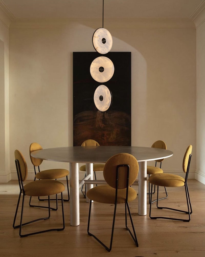 Lausanne Disc Alabaster Cluster Chandelier. Round Cluster Diffusers. Metal Rod Framework in Aged Brass and Black finish for Kitchen Islands, Entryways, and Dining rooms Modern Pendant lamp