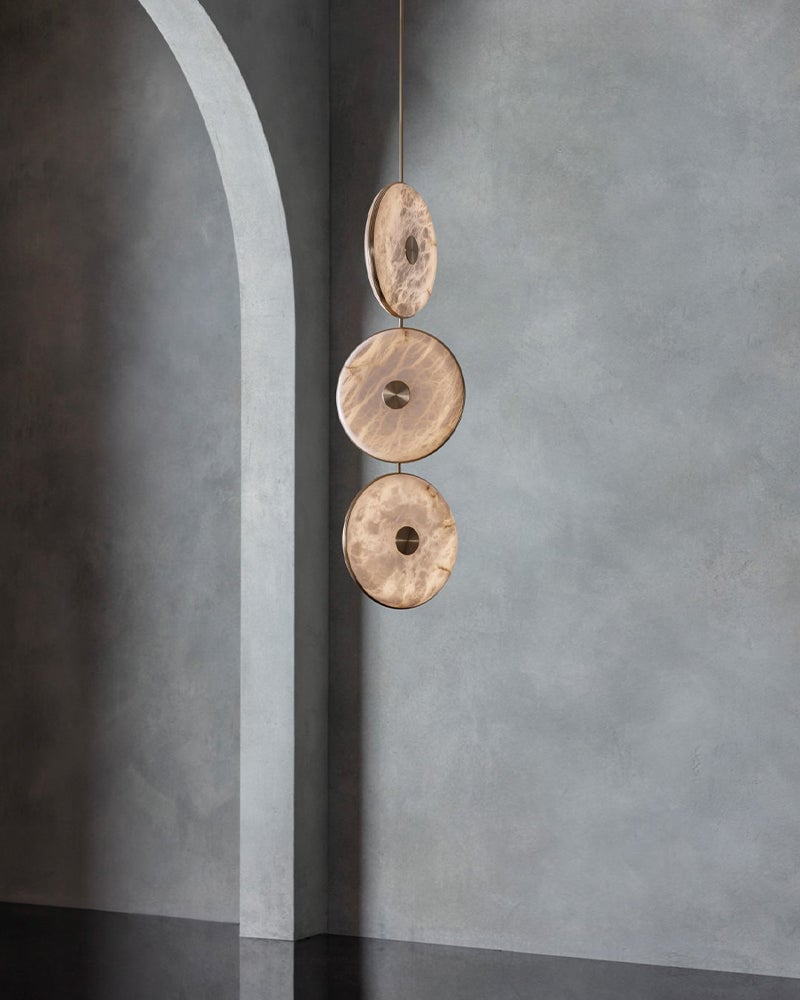 Lausanne Disc Alabaster Cluster Chandelier. Round Cluster Diffusers. Metal Rod Framework in Aged Brass and Black finish for Kitchen Islands, Entryways, and Dining rooms Modern Pendant lamp